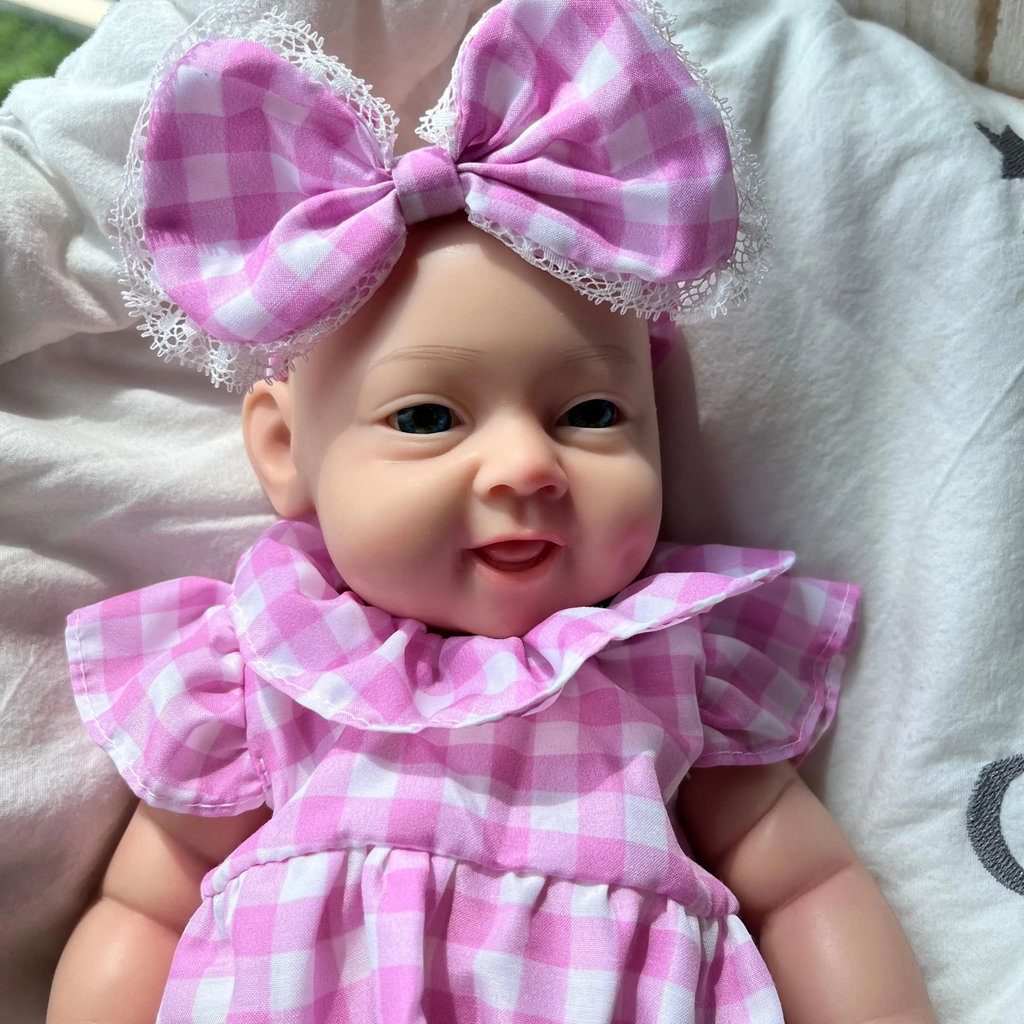13" Realistic Full Silicone Baby Doll – Lifelike Newborn Girl in Pink Gingham Dress with Big Bow
