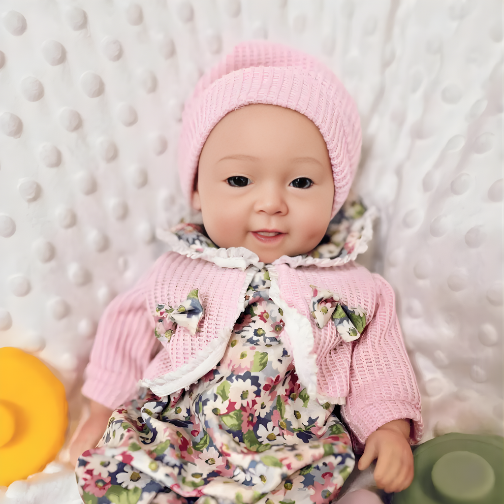 13" Realistic Full Silicone Baby Doll – Lifelike Newborn Girl in Floral Dress & Pink Knit Hat