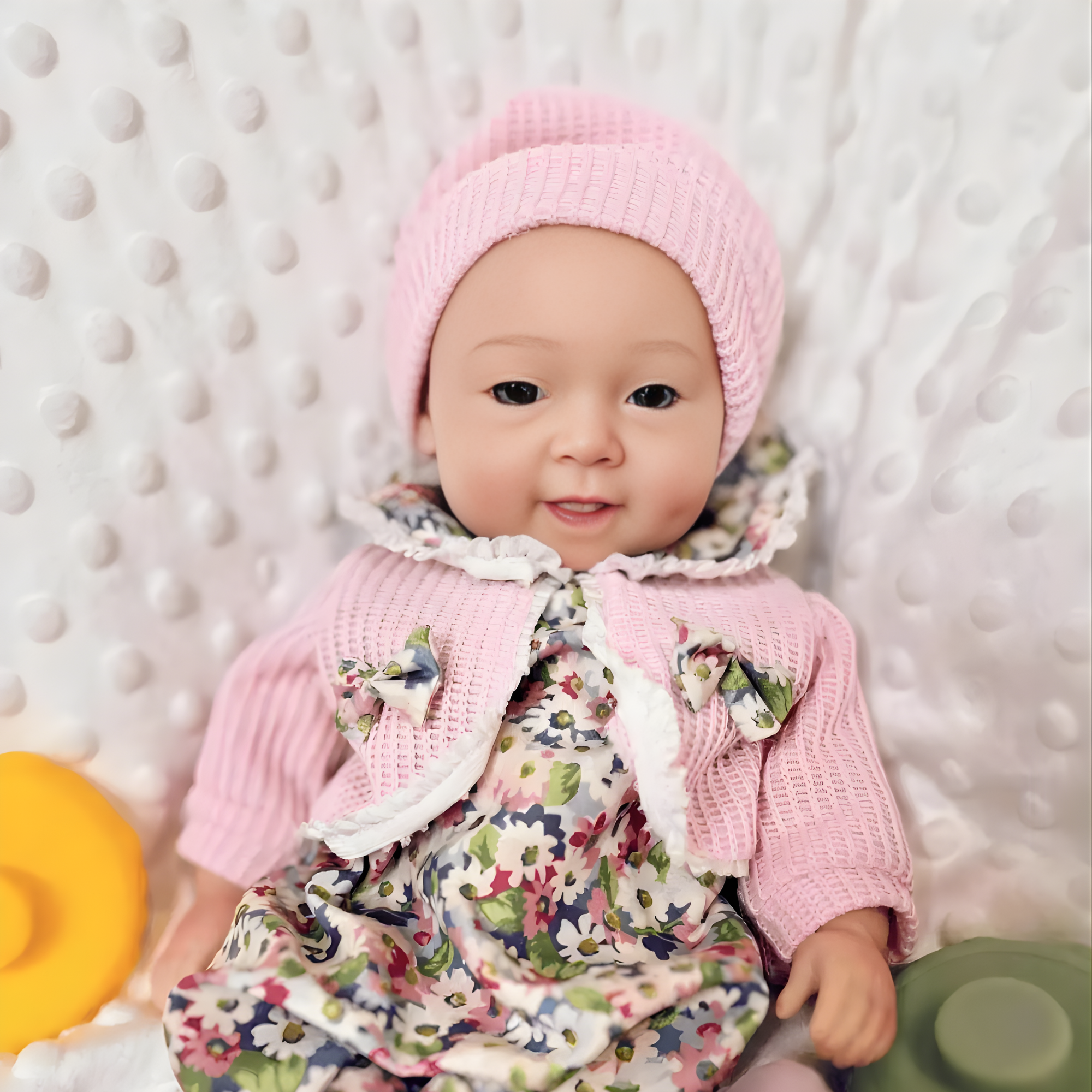 13" Realistic Full Silicone Baby Doll – Lifelike Newborn Girl in Floral Dress & Pink Knit Hat