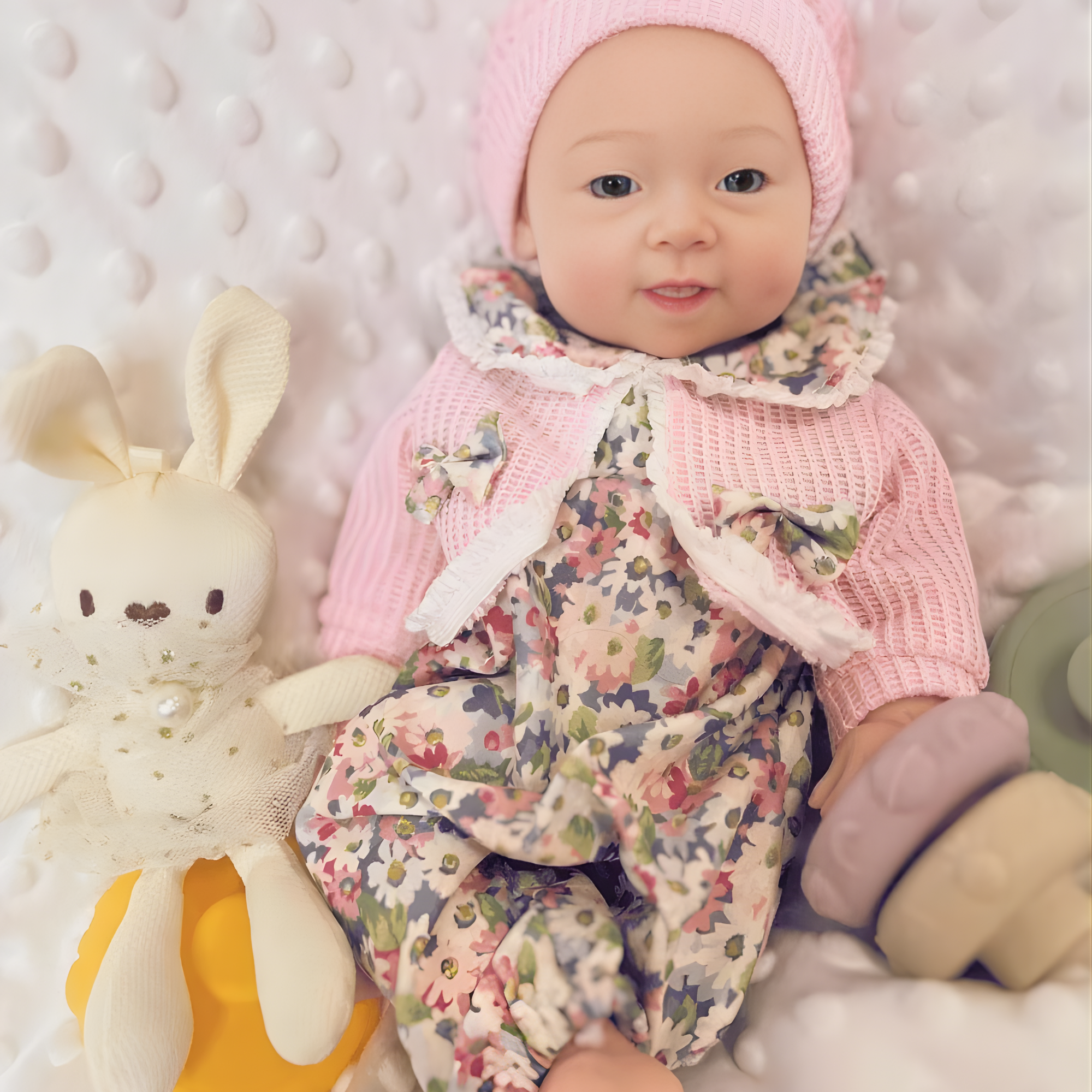 13" Realistic Full Silicone Baby Doll – Lifelike Newborn Girl in Floral Dress & Pink Knit Hat