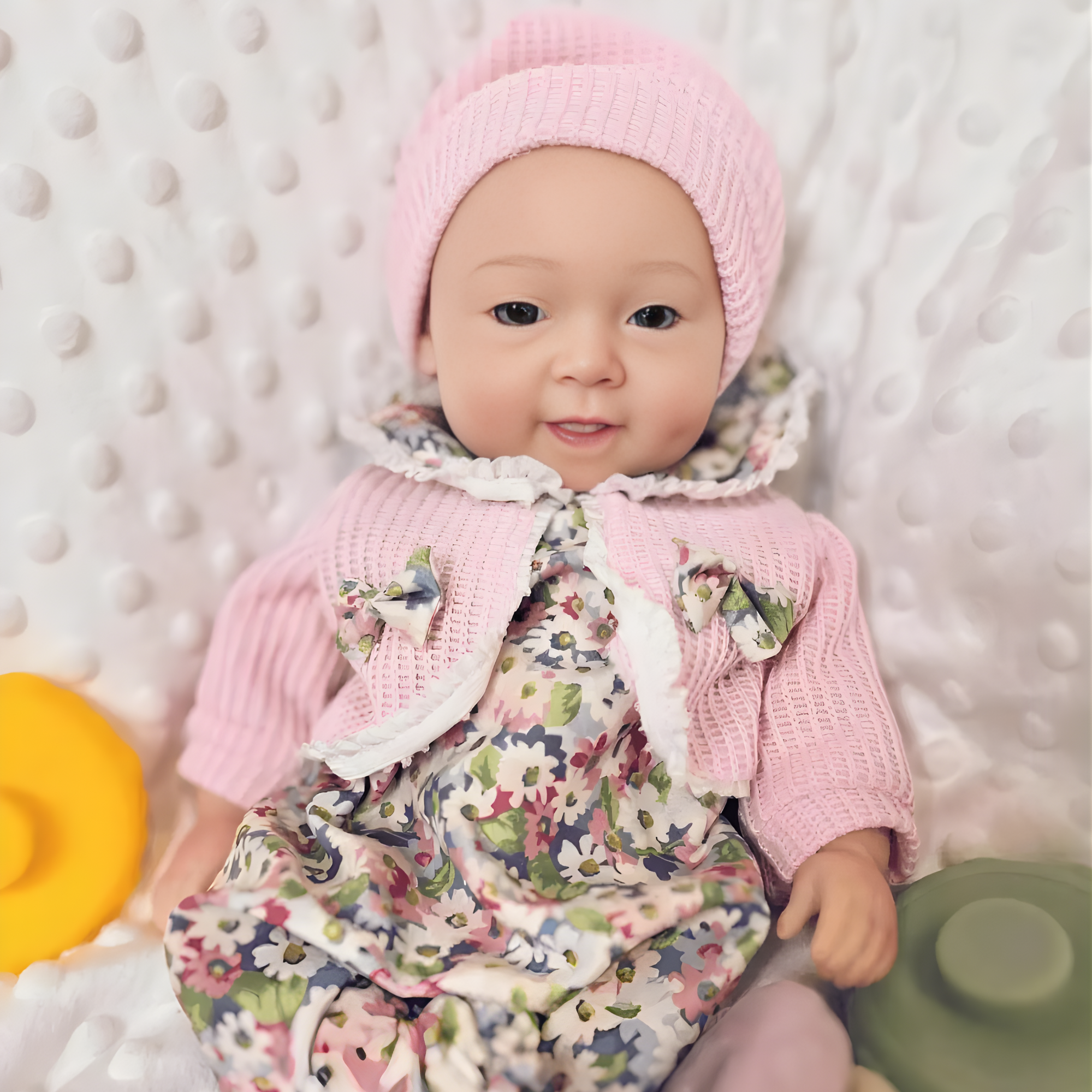 13" Realistic Full Silicone Baby Doll – Lifelike Newborn Girl in Floral Dress & Pink Knit Hat