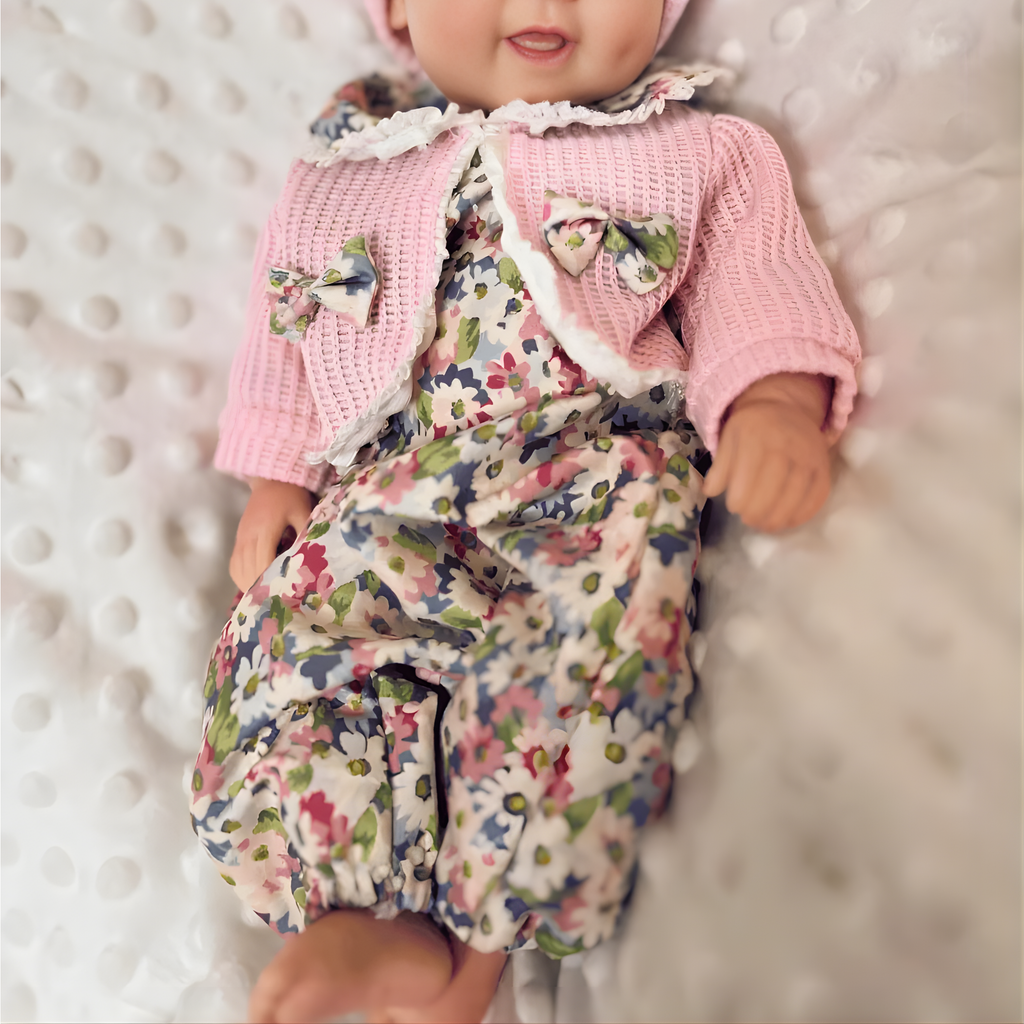 13" Realistic Full Silicone Baby Doll – Lifelike Newborn Girl in Floral Dress & Pink Knit Hat