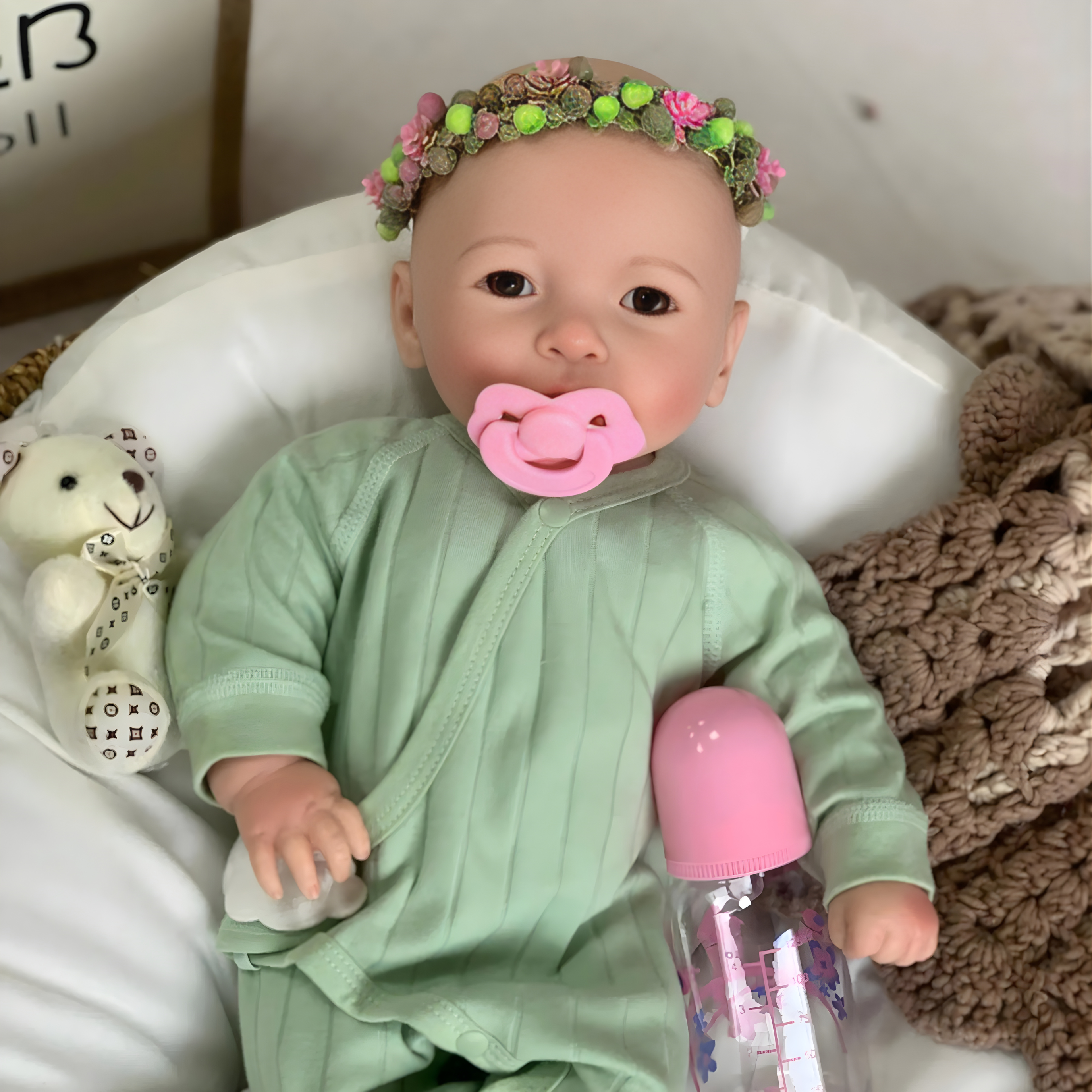 13" Realistic Full Silicone Baby Doll – Lifelike Newborn Girl in Green Pajama with Flower Headband, Pacifier & Bottle