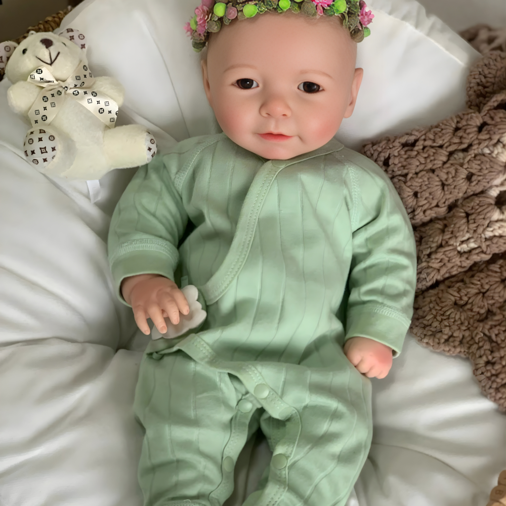 13" Realistic Full Silicone Baby Doll – Lifelike Newborn Girl in Green Pajama with Flower Headband, Pacifier & Bottle