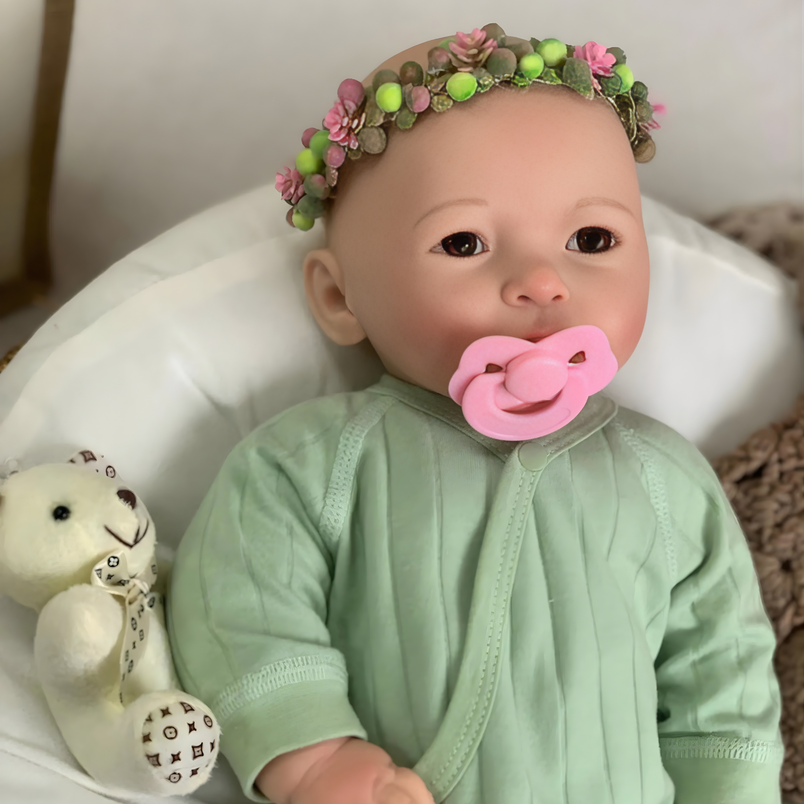 13" Realistic Full Silicone Baby Doll – Lifelike Newborn Girl in Green Pajama with Flower Headband, Pacifier & Bottle