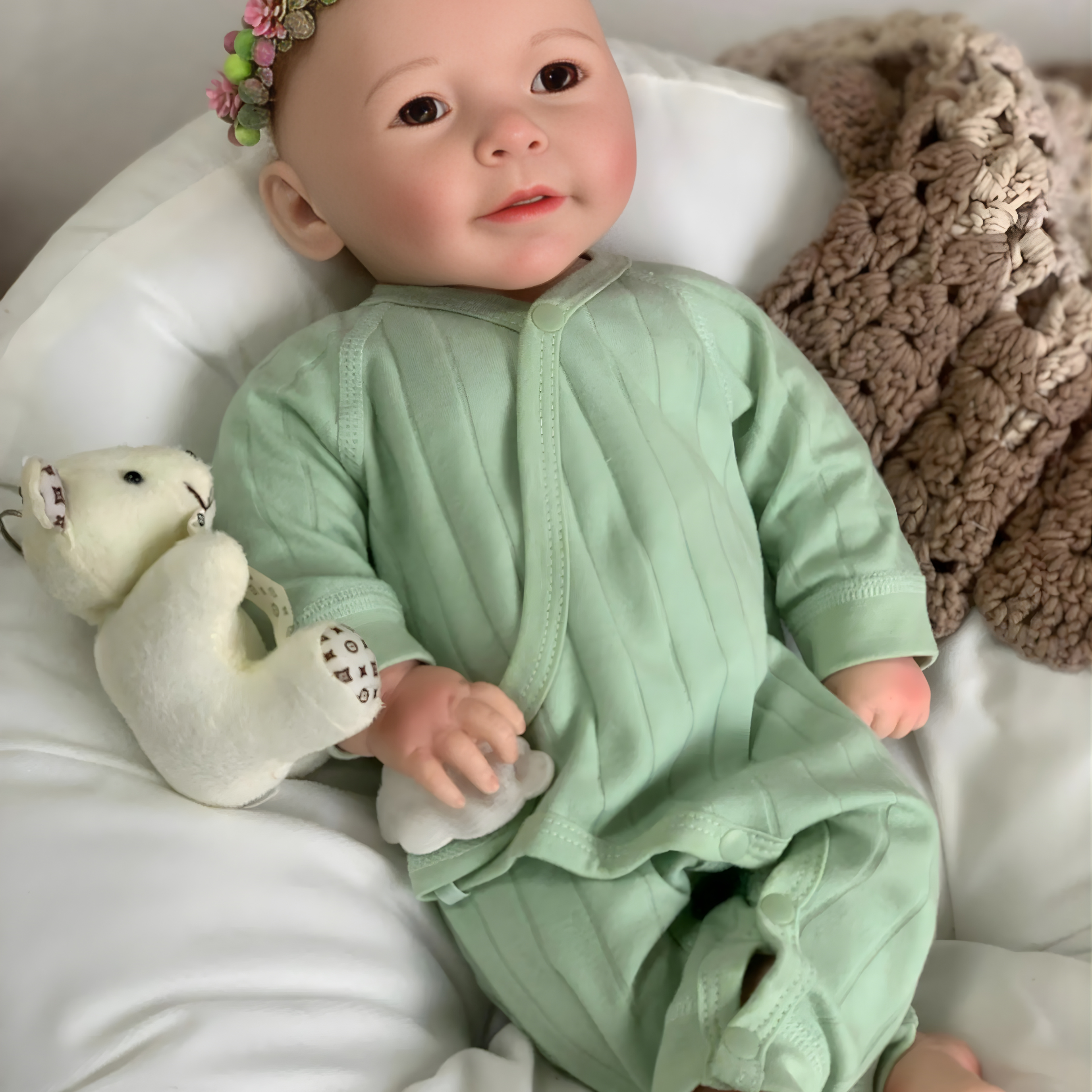 13" Realistic Full Silicone Baby Doll – Lifelike Newborn Girl in Green Pajama with Flower Headband, Pacifier & Bottle
