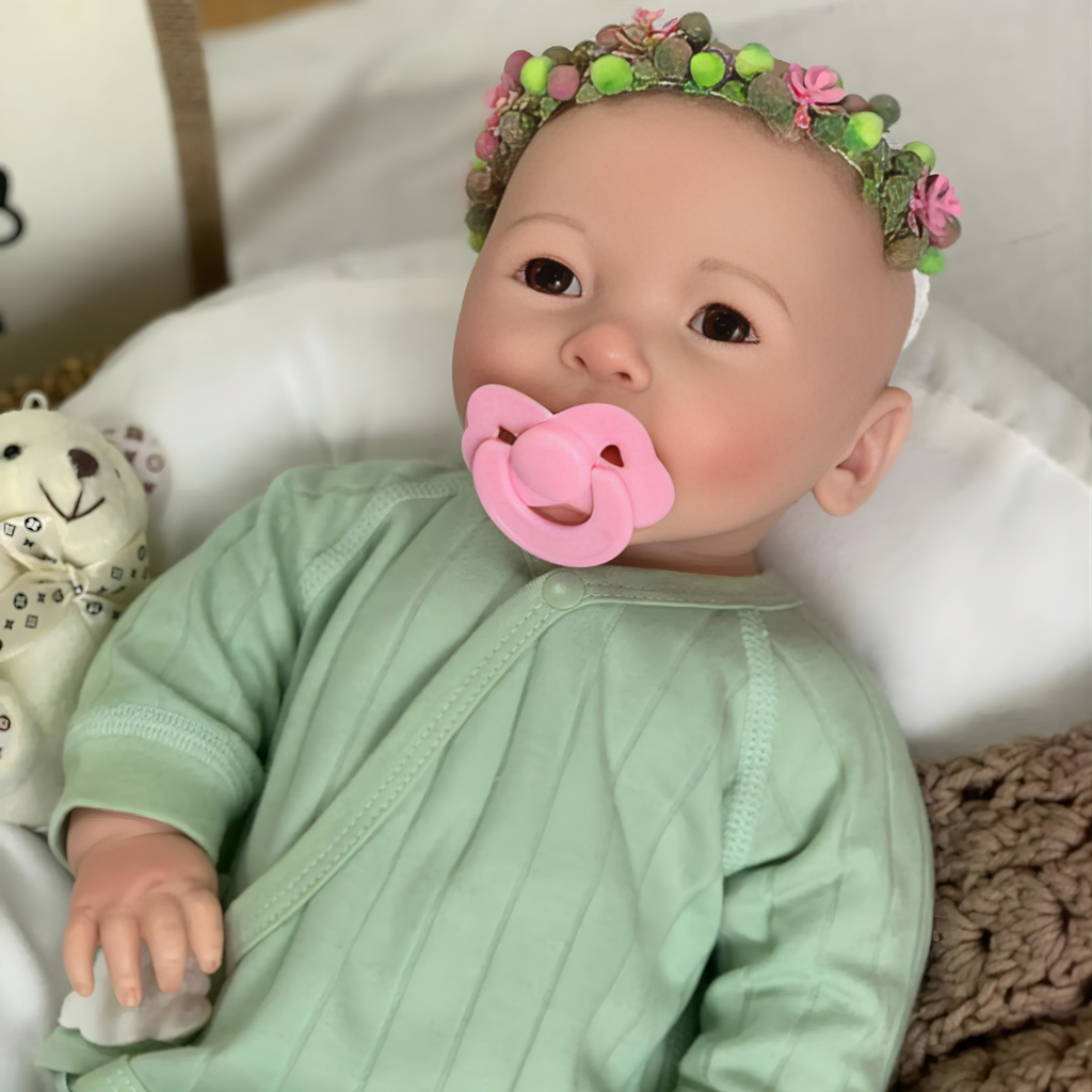 13" Realistic Full Silicone Baby Doll – Lifelike Newborn Girl in Green Pajama with Flower Headband, Pacifier & Bottle