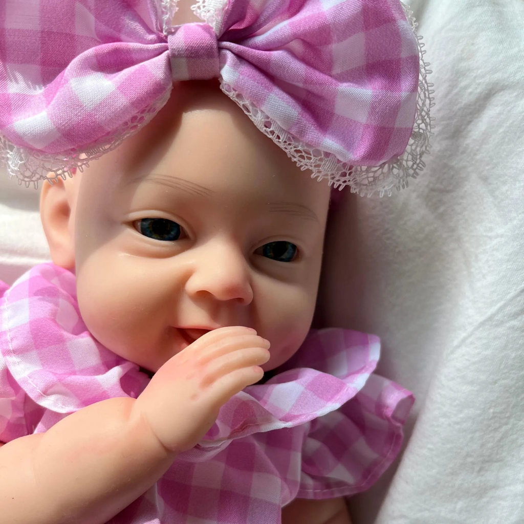 13" Realistic Full Silicone Baby Doll – Lifelike Newborn Girl in Pink Gingham Dress with Big Bow