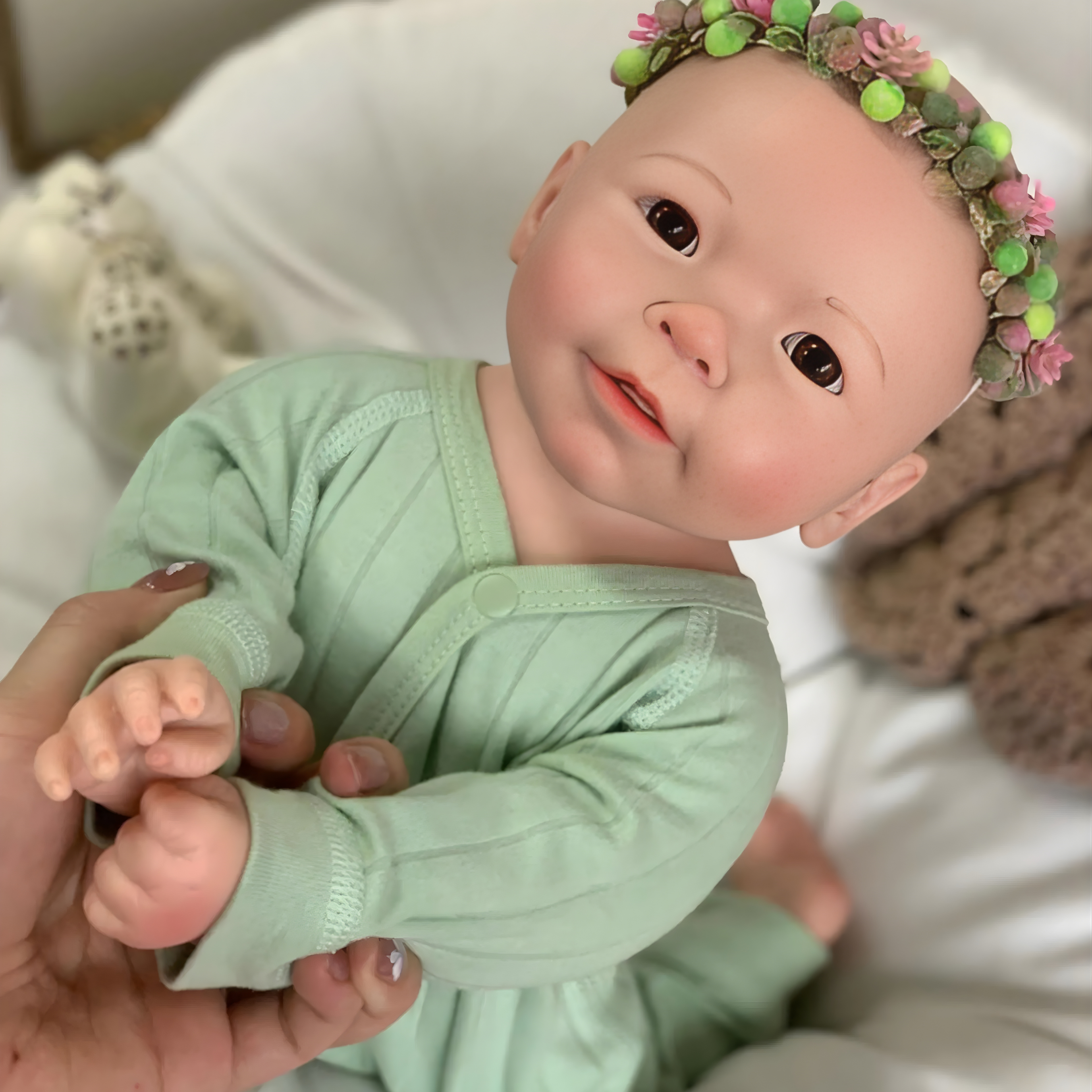 13" Realistic Full Silicone Baby Doll – Lifelike Newborn Girl in Green Pajama with Flower Headband, Pacifier & Bottle