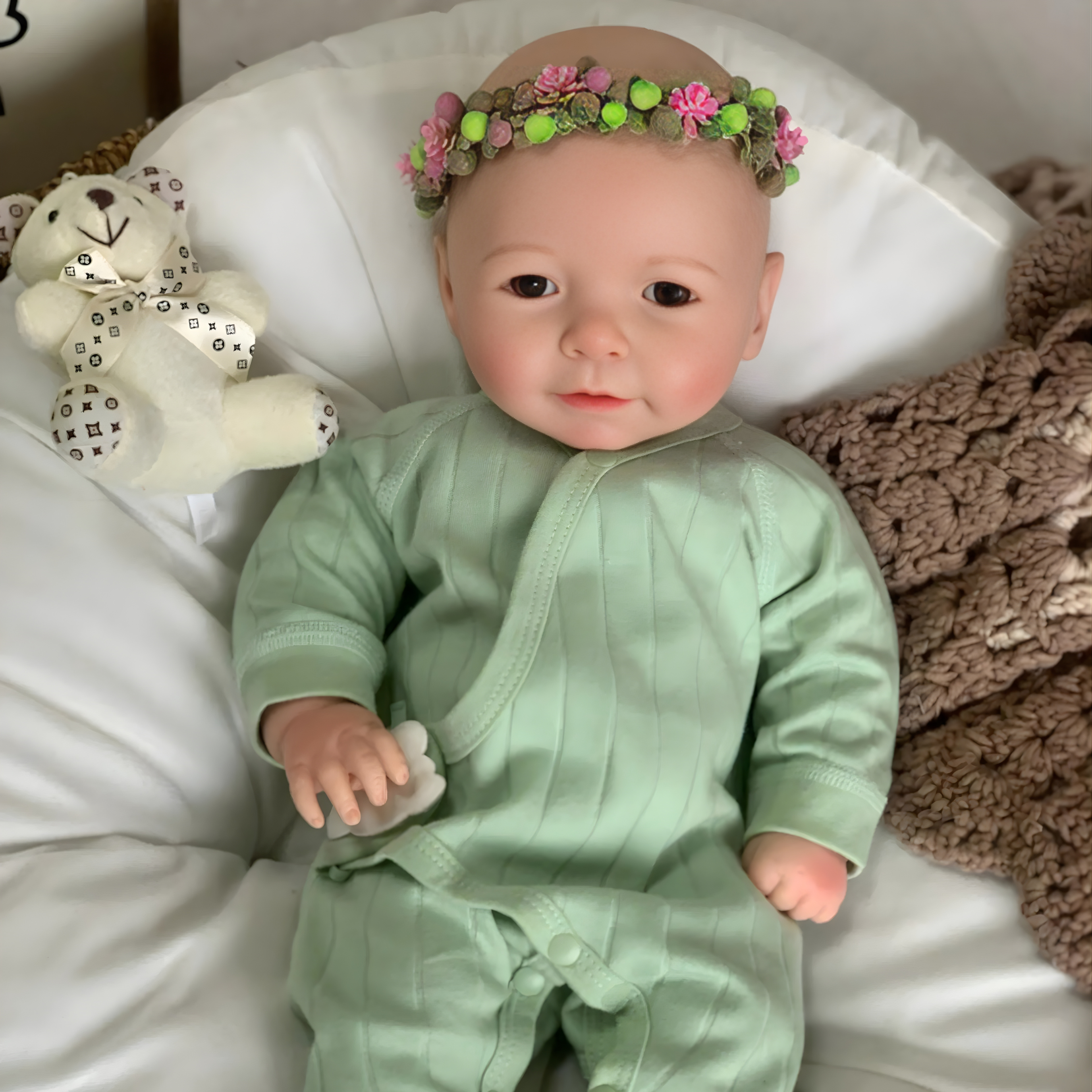 13" Realistic Full Silicone Baby Doll – Lifelike Newborn Girl in Green Pajama with Flower Headband, Pacifier & Bottle