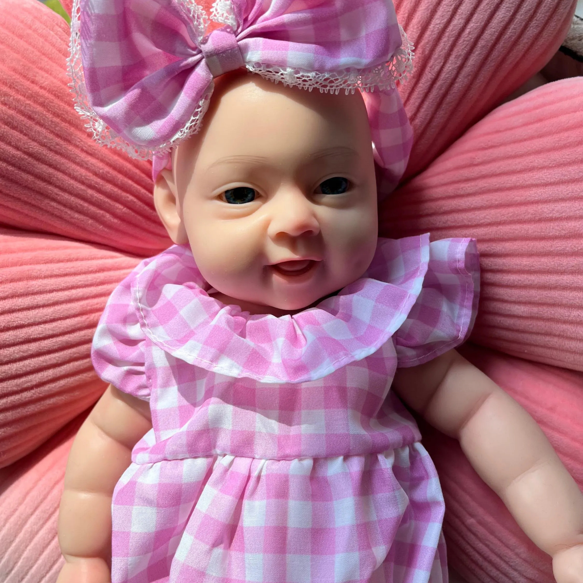 13" Realistic Full Silicone Baby Doll – Lifelike Newborn Girl in Pink Gingham Dress with Big Bow