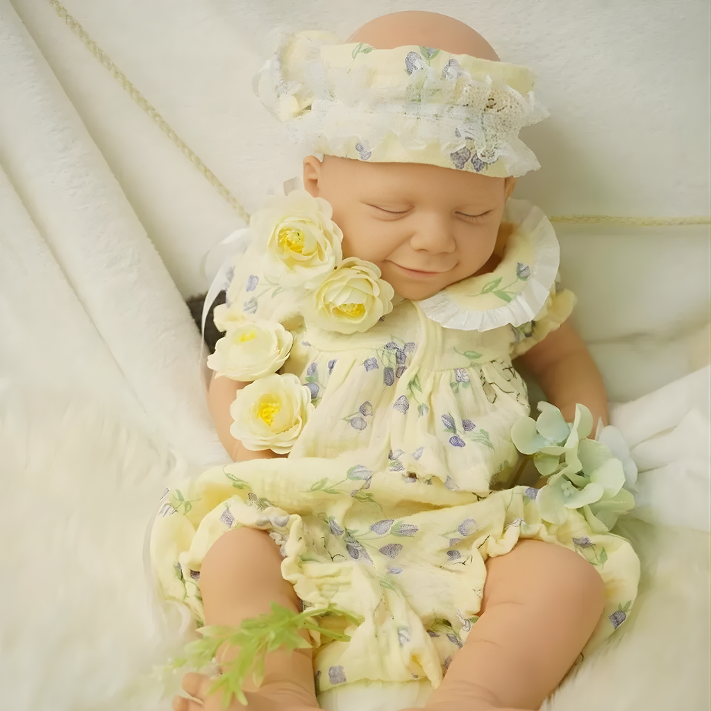 13" Realistic Full Silicone Baby Doll – Lifelike Newborn Sleeping Girl in Yellow Floral Dress
