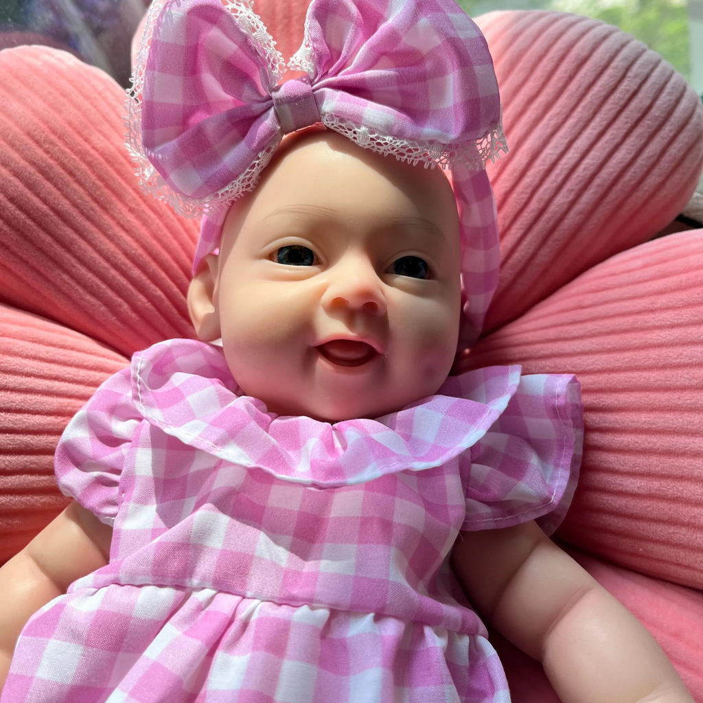 13" Realistic Full Silicone Baby Doll – Lifelike Newborn Girl in Pink Gingham Dress with Big Bow