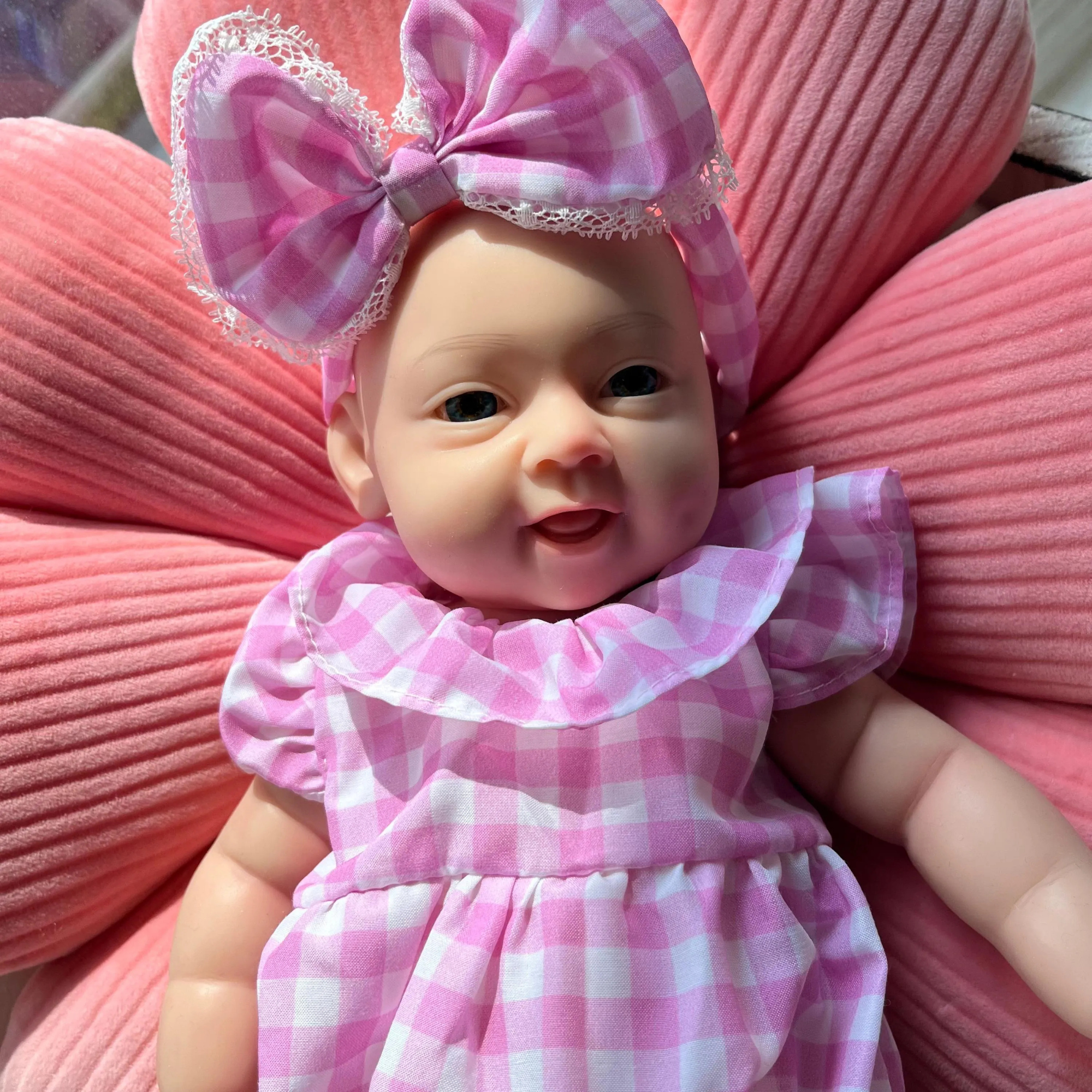 13" Realistic Full Silicone Baby Doll – Lifelike Newborn Girl in Pink Gingham Dress with Big Bow